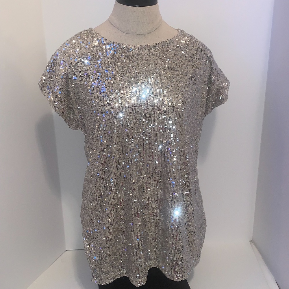 CABLE & GAUGE SILVER BLING SHORT SLEEFE BLOUSE - WOMEN'S MEDIUM